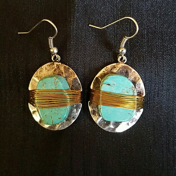 unbranded Jewelry - Turquoise Stone Wrap Earrings 2 Tone